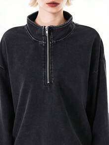 Bloopia Women's Vintage High Neck Zip-Up Sweatshirt, Autumn/Winter - Dark Grey - View 6