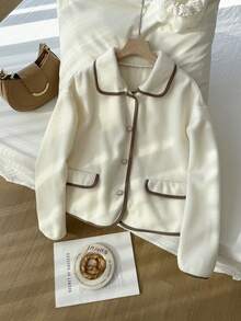 Resyla Women's Casual Contrast Trim Button Front Collared Cardigan, Autumn - Beige - View 4