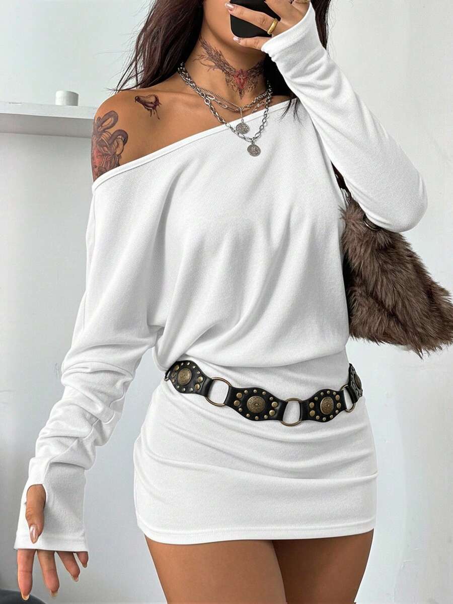 Coolane Women's Winter Y2K Party Street Wear Casual  Date Night Asymmetric Shoulder Long Sleeve Ruched Fashionable White Beltless Mini Dress For Elegant - White - View 1