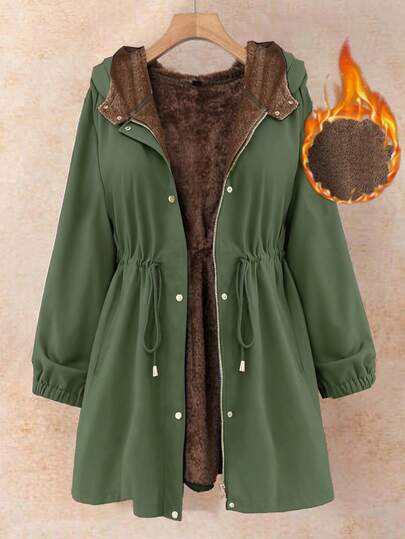 EMERY ROSE Plus Size Women Solid Color Bow Tie Waist Drawstring Hoodie, Thermal Lined Thick Casual Loose Elegant Pullover Winter Coat Rain Coat For Women Women Coats Shackets For Women Outerwear Women