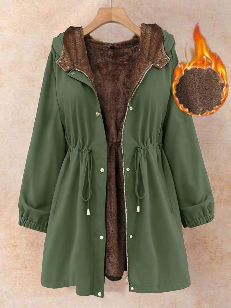 EMERY ROSE 大码女式纯色蝴蝶结腰部抽绳连帽衫，保暖加厚休闲宽松优雅套头衫 - 軍綠色 - 查看 1