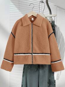 SHEIN 少女休闲街头风时尚拉链外套，仿皮领，撞色缎带饰边，宽松泰迪绒面料，秋冬款 - 棕色 - 查看 5