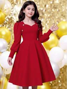 SHEIN 一款简约优雅的V领连衣裙，饰有纽扣，泡泡袖，纯色设计，适合少女穿着。适合圣诞派对、圣诞节、新年、除夕夜等场合。 - 紅色 - 查看 11