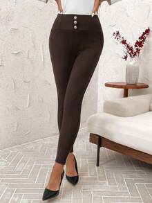 SHEIN Clasi Women's Thermal Fabric Pants, Suitable For Commuting And Casual Wear, Autumn/Winter - Brown - View 4