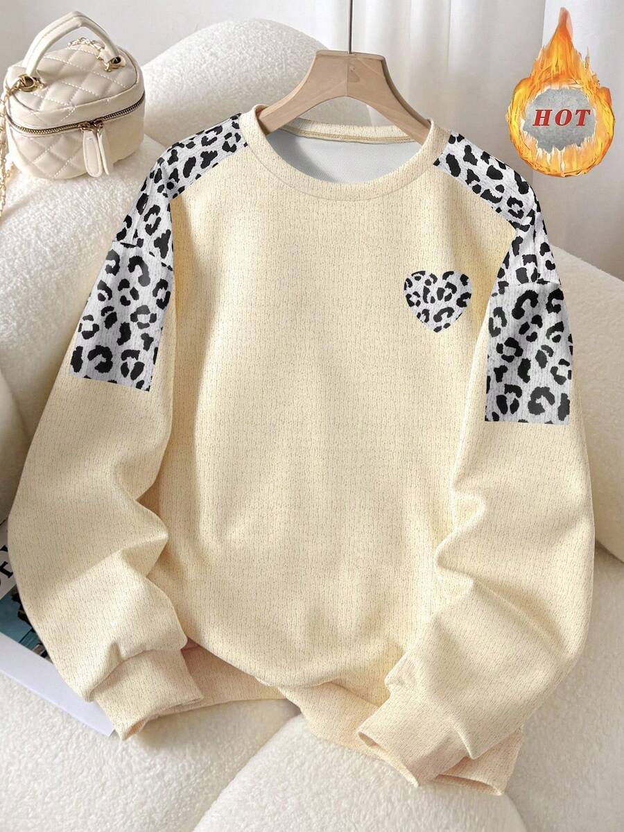 SHEIN 女士优雅休闲豹纹拼接仿羊毛印花卫衣，优雅淑女风，适合通勤或居家休闲，是送给家人和朋友的绝佳礼物，适合情人节、新年等节日。 - 彩色 - 查看 1
