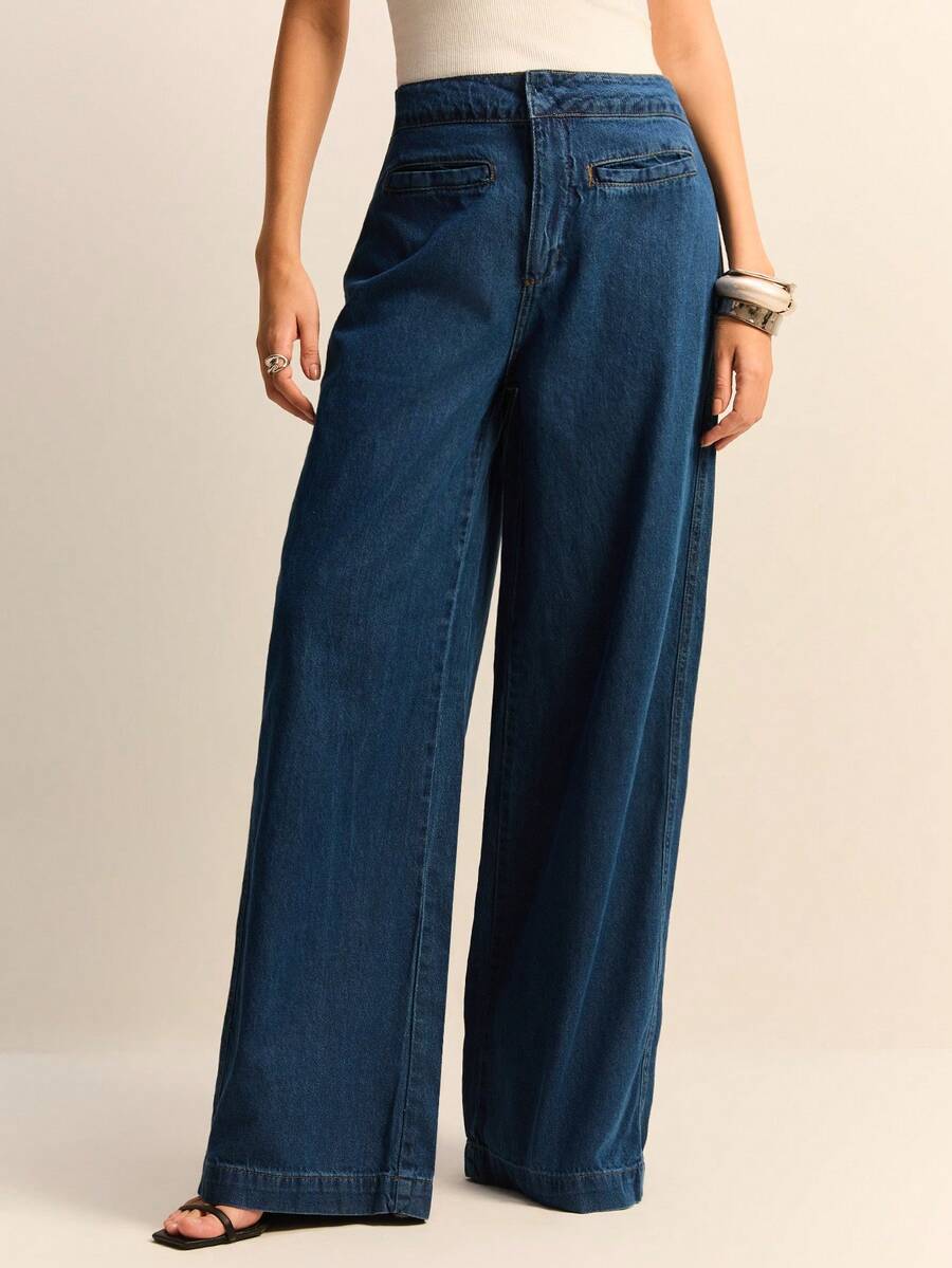 Daynim Calça Jeans Feminina Wide Leg Alfaiatada Lavagem Escura Elegante - Lavagem Média - Visão 1
