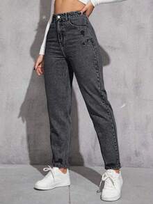 Jeanoix High Waist Fashionable Distressed Washed Denim Tapered Pants - Dark Grey - View 3