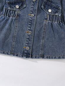 Elladie kids 1 件女童牛仔夹克，休闲时尚可爱中长腰收腰蓝色水洗牛仔夹克，带仿毛领装饰，适合秋冬日常外出 - 中等水洗藍 - 查看 7