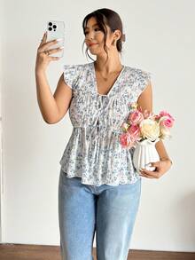 Lounesse Áo cánh tay lửng buộc nơ họa tiết hoa cỡ lớn - Nhiều màu - Xem 4