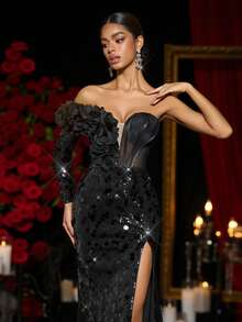 Glamrae Rochie de seară elegantă și luxoasă, model sirenă, cu decolteu în V adânc, fără bretele, mâneci bufante, din satin negru, brodat cu paiete, și crăpătură