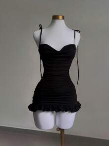 Chiquease 女士修身性感露背系带荷叶边下摆短款连衣裙