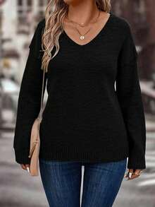 "Suéter de Punto con Cuello V y Collarin - Cómodo, Elegante y Versátil para Estilo Cotidiano" - Negro - Ver 3