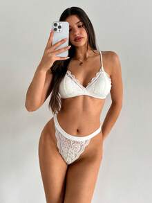Aloruh 3-Piece Set. Elegant Lace For Ladies. Black And White. 3/4 Cup Size. Boneless Lace Decorative Thin Shoulder Strap Bra And Panties For Women. Sexy Lingerie Set - Multicolor - View 4