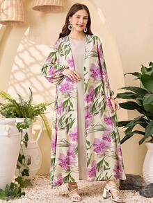 Bộ 2 áo khoác cardigan tay đèn lồng họa tiết hoa cho bé gái tuổi teen và váy cổ tròn màu trơn trang phục thanh lịch, bộ 2 áo thường ngày cho kỳ nghỉ xuân thu, trang phục hàng ngày, Jalabiya Ả Rập giản dị - Màu tím - Xem 9