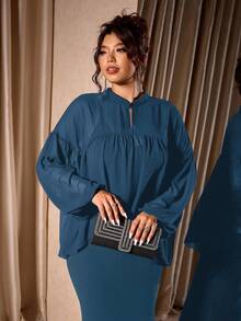 Cravure Bộ áo khoác và váy liền thân kiểu Trung Hoa mới cỡ lớn bằng vải voan cổ áo chống nắng nhẹ cho nữ - Màu xanh lam - Xem 4