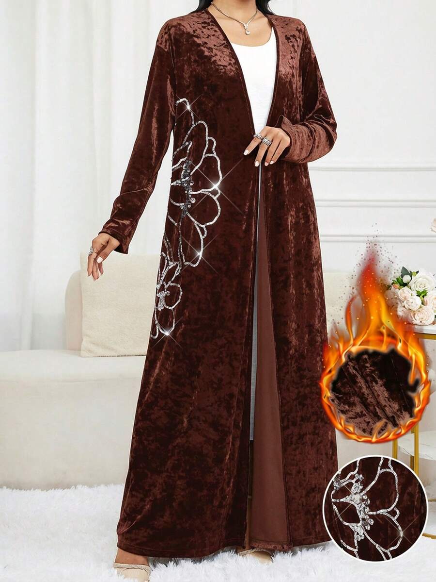 Al Najma 女士花卉亮片装饰长袖优雅长袍 - 咖啡棕 - 查看 1
