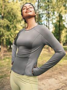 In My Nature 休闲百搭撞色前后印花带拇指孔长袖户外运动T恤 - 灰色 - 查看 3