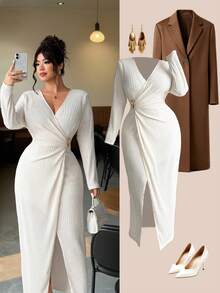 Elenzga 大码女式优雅不对称领金属装饰腰部长袖开衩连衣裙，适合外出、开学季、优雅聚会、秋冬季穿着。 - 杏色 - 查看 3