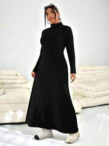 SHEIN EZwear Plus Size Solid Color Ribbed Knit Turtleneck Sweater Dress - Black - View 7