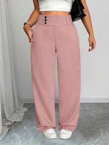 SHEIN PETITE CURVE Quần cạp cao tối giản màu trơn cỡ lớn, mặc thường ngày - Hồng - Xem 6