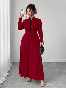 Elenzga Đầm sườn xám cải tiến kiểu Trung Hoa tay dài cỡ lớn cho nữ - Đỏ - Xem 4