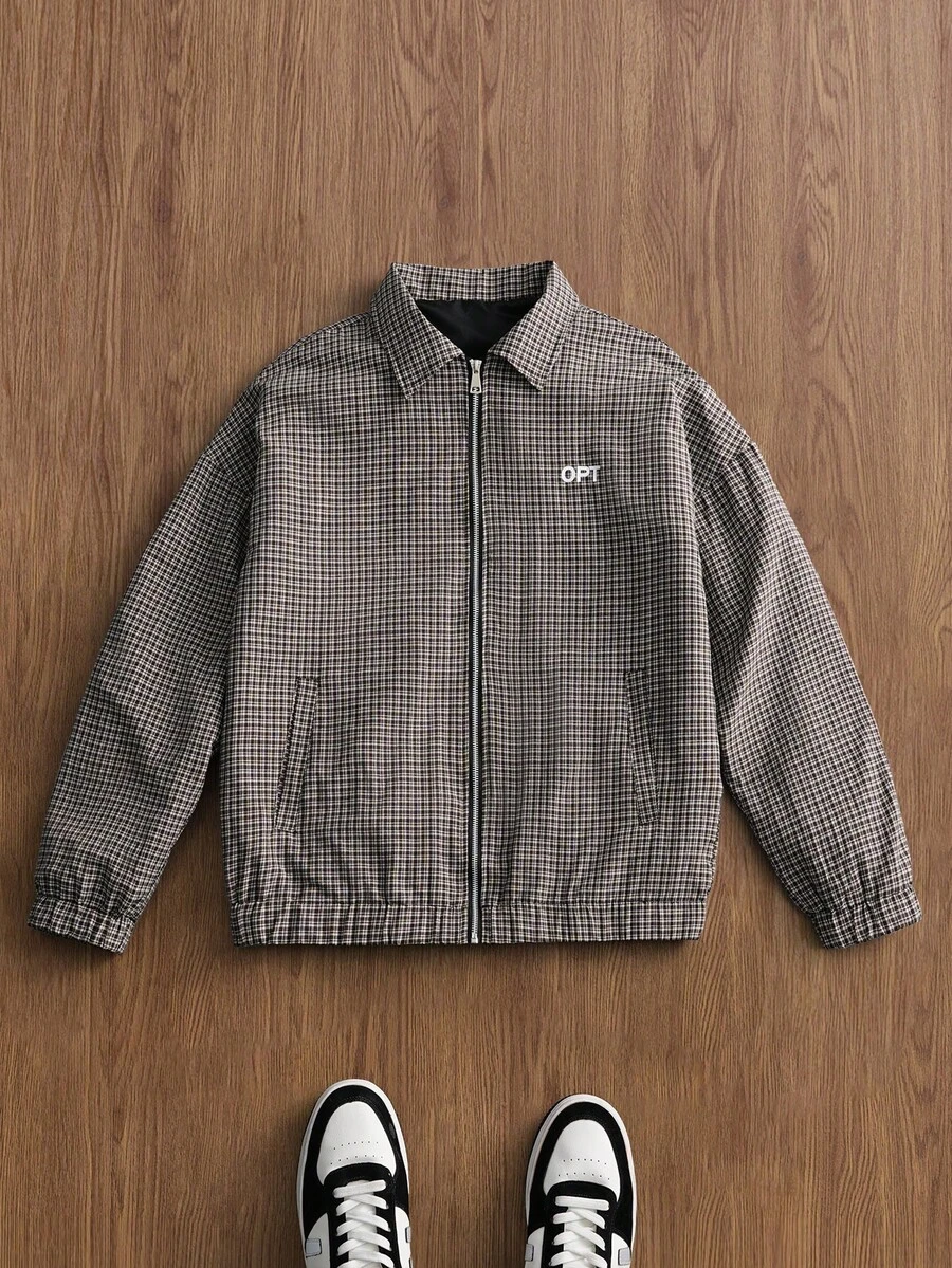 TOKVUE Chaqueta casual para hombre, chaqueta holgada con cremallera y estampado a cuadros de estilo callejero INS, adecuada para todas las estaciones, apropiada para festivales de música y combinación diaria, regalo para novio/esposo, Y2K - Caqui - Ver 1