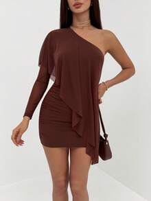Aloruh 女士时尚性感纯色单肩迷你连衣裙 - 咖啡棕 - 查看 7