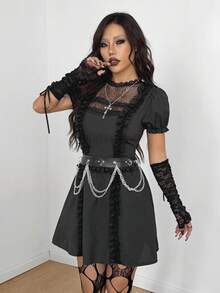 Coolane Dam höst/vinter all-säsong Y2K goth chic rave outfit spets stretchig bekväm rave outfit hög hals puffärm svart kort klänning - Svart - Visa 4