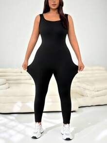 SHEIN EZwear بدلة بلا أكمام ظهر مكشوف مقاسات كبيرة، لون أحادي، للربيع والصيف - الأسود - مشاهدة 2