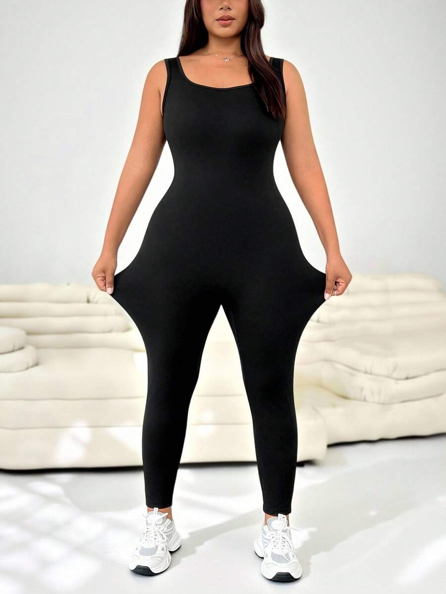 SHEIN EZwear بدلة بلا أكمام ظهر مكشوف مقاسات كبيرة، لون أحادي، للربيع والصيف