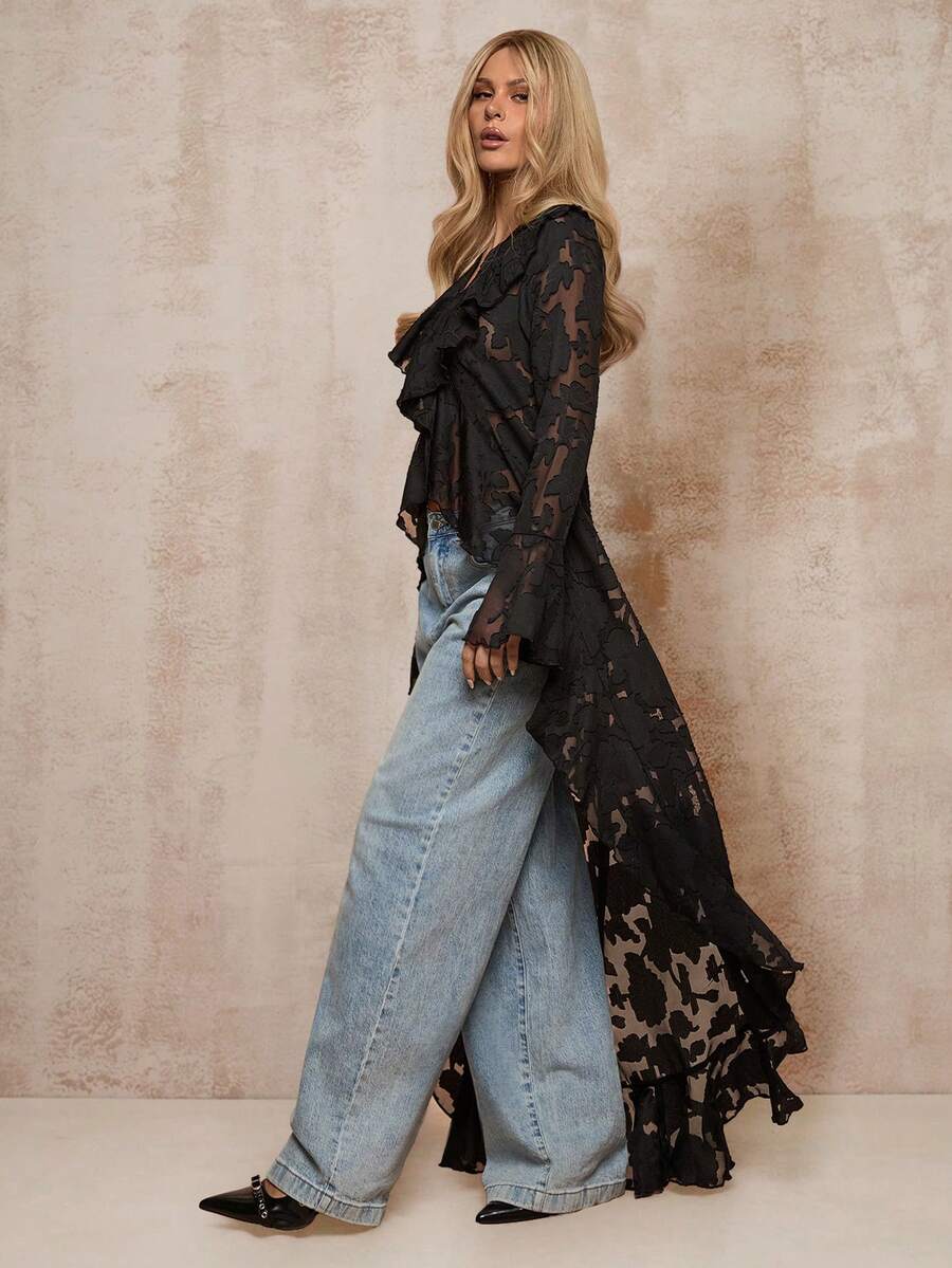 Glamine 浪漫度假风荷叶边薄纱长款轻薄外套，西部风格外衣，适合秋冬季、圣诞节、海滩等场合，尽显优雅波西米亚西部风情。 - 黑色 - 查看 1