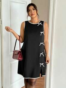 Lounesse Plus Size Elegant Black And White Summer Dress,Fitted Sleeveless Crew Neck Bowknot Side Slit Sundress For Women,Date Night Casual Spring Outfit - Black and White - View 4