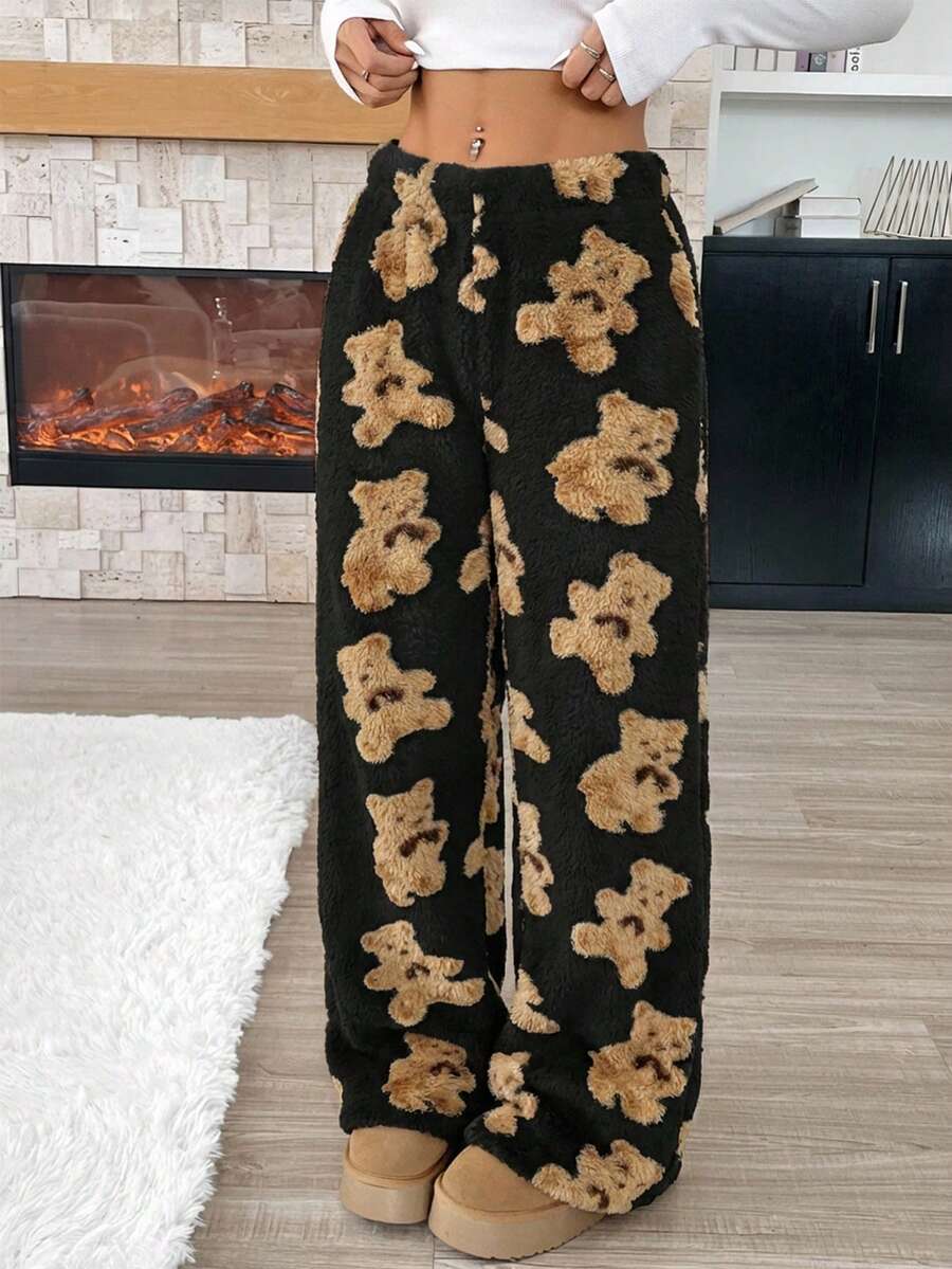 Tween Girl Casual Cartoon Bear Pattern Drawstring Waist Teddy Fleece Long Pants, Autumn/Winter - Black - View 1