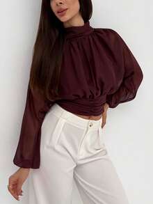 Aloruh 女士纯色立领灯笼袖褶皱时尚优雅衬衫 - 棕色 - 查看 7