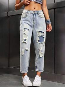 pantalones de mujer pantalones de dama mezclilla De Tiro Alto curvy Levanta Glúteos  Sin elasticidad, rotos, rectos, holgados - Azul - Ver 3