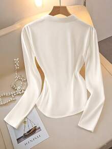 SHEIN Franclia Women's Elegant Embroidered Button T-Shirt,Warm Lining Long-Sleeved V-Neck Top For Autumn Office,Black And White Solid Color Luxury Basic Tee - White - View 2