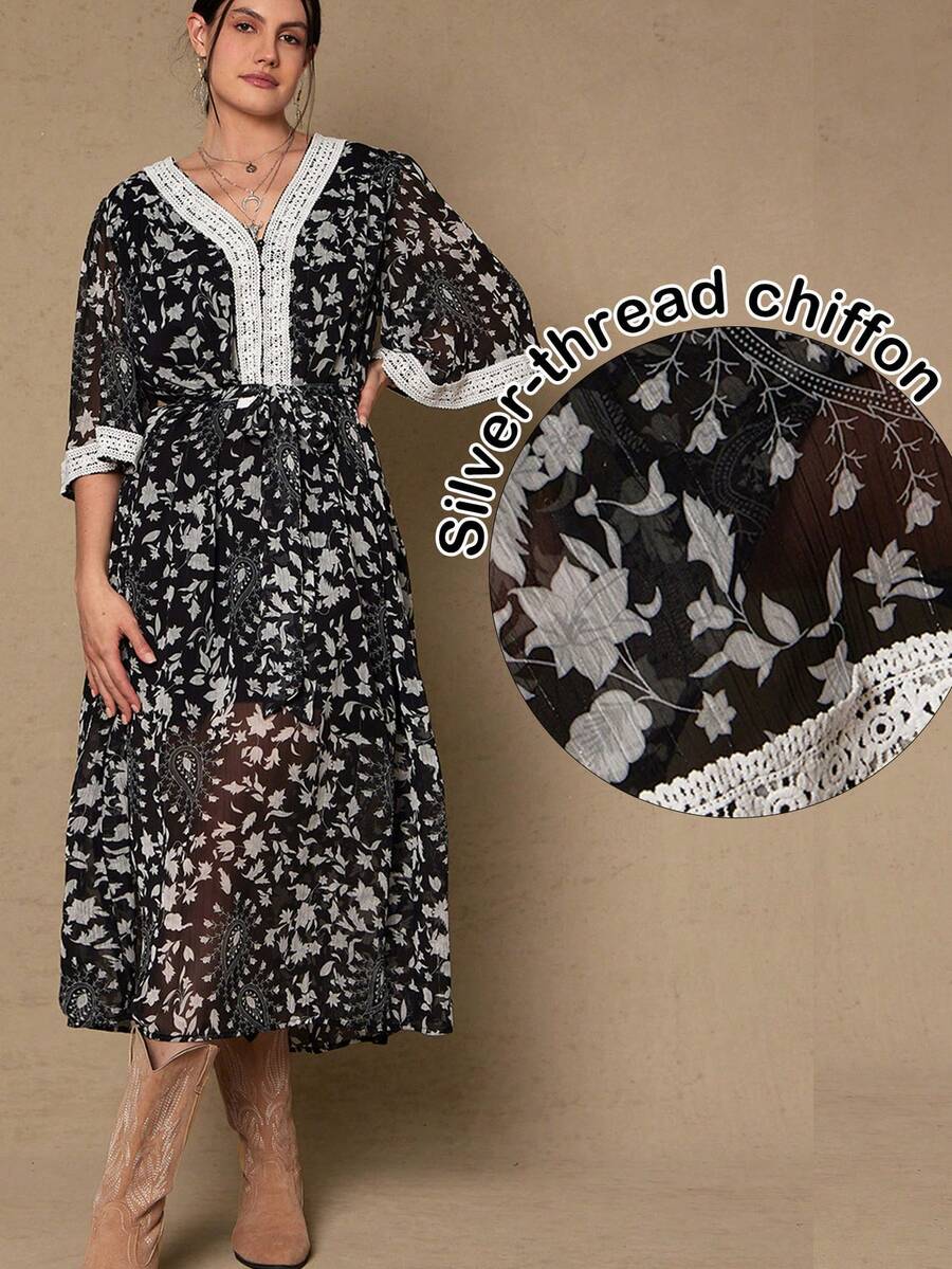 SHEIN VCAY Vestido casual holgado de mujer talla grande con estampado floral y encaje en contraste en escote en V y mangas 3/4