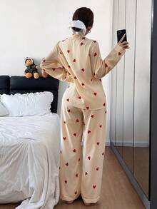 Dream Adore 条纹爱心印花翻领长袖长裤女士睡衣套装 - 黃色 - 查看 4