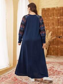 Lacomfia Plus Size Women Casual Knit Textured Round Neck Long Sleeve Patchwork Loose Fit Pullover Dress, Autumn/Winter - Multicolor - View 2