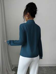 Elenzga Women's Rhinestone & Faux Pearl Decor Long Sleeve Blouse, Suitable For Commuting In Autumn - Blue - View 2