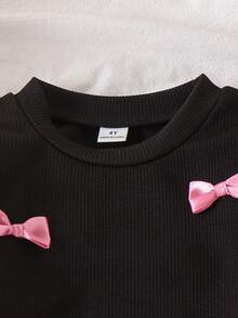 Girls' Apricot Long Sleeve Textured Top And Pleated Skirt 2 Pieces Set, Cute Bow Decor, Fashionable For Spring/Autumn - Black - View 4