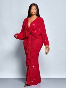 SOLERSUN 大码女式纯色褶皱拼接荷叶边美人鱼优雅中长裙，优雅、舒适、休闲时尚的通勤裙，2026新款，适合日常穿着、音乐节、派对、约会、中国红、情人节、春夏、圣帕特里克节、复活节、四叶草、街头风、海滩度假、野餐、教师节、母亲节、西式、波西米亚风，端庄、仙气十足。 - 紅色 - 查看 4