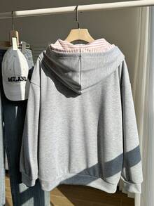SHEIN 女士落肩长袖拉链休闲连帽衫 - 灰色 - 查看 2