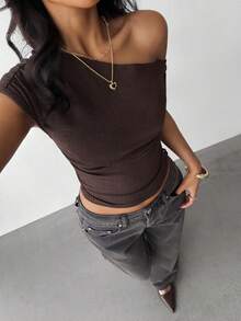 Teen Girl Casual Fashionable Solid Color Knit Asymmetrical Shoulder Short Sleeve Top - White - View 6