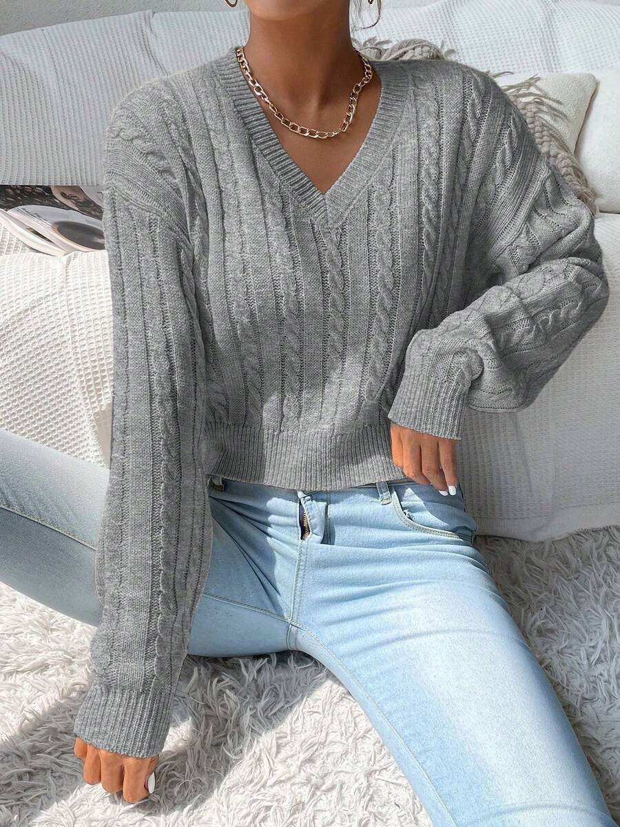 RosyDaze Women's Casual V-Neck Long Sleeve Pullover Sweater, Autumn/Winter - Grey - View 1