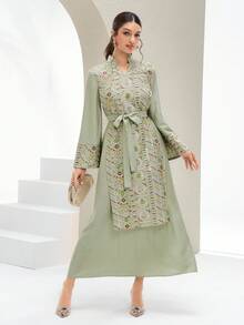 Al Najma New Elegant Beaded Embroidery Patchwork Cinched Waist Dress, High-End For Party, Gathering, Vacation - Green - View 3