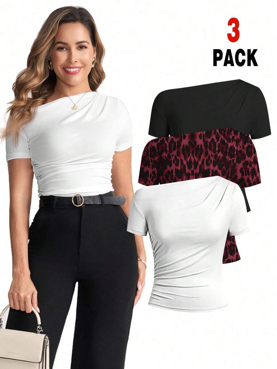 Ellevyn 不对称褶皱肩部镂空短袖针织纯色T恤，优雅女款，春夏款 - 酒紅色 - 查看 1