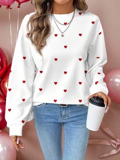 SHEIN LUNE Casual Minimalist Heart Graphic Print Round Neck Loose Fit Women Sweatshirt