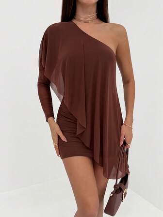 Aloruh Vestido mini de un solo hombro de unicolor y sexy para mujer