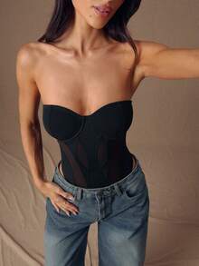 SHEIN BAE Black Sexy Sheer Mesh Patchwork Asymmetric Strapless Bodysuit, Suitable For Autumn/Winter,Valentine's Day
